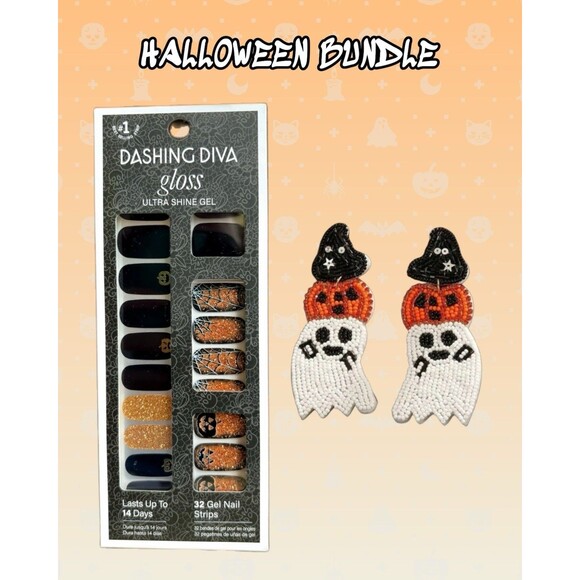 🎃HALLOWEEN BUNDLE Dashing Diva Gloss Gel Nail Strips & Pumpkin/Ghost Earrings - Picture 1 of 5